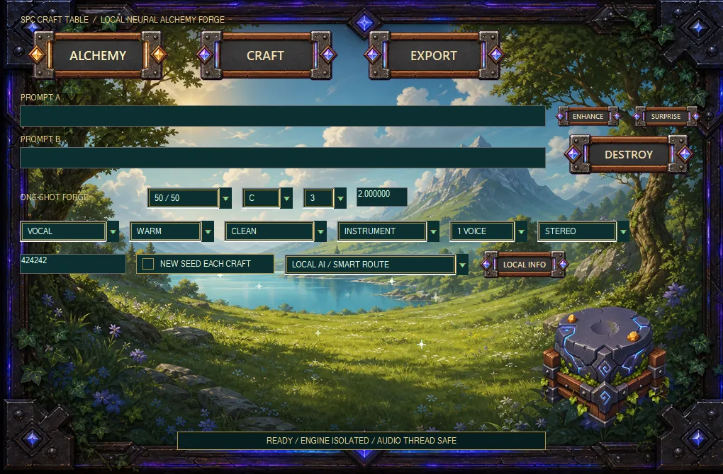 SPC Craft Table Alchemy scene — a bright fantasy grassland with a smithing stone, prompt A/B fields, one-shot forge controls and Enhance / Surprise / Destroy buttons