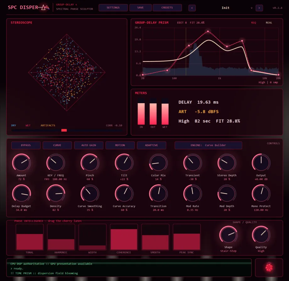 SPC Disper Cherry Console — dry/wet/artifacts stereoscope beside the Group-Delay Prism with a drawable node curve, delay meters, knob deck, Phase Intelligence lanes and the Wildberry terminal