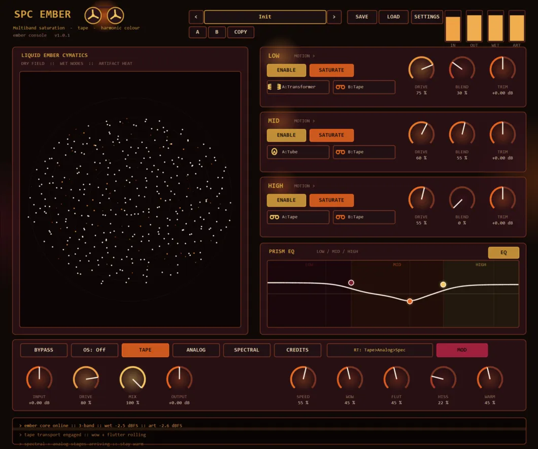 SPC Ember Console in Bordeaux and gold — liquid cymatics particle monitor beside three band panels with model chips and drive knobs, the draggable Prism EQ and the tape knob deck