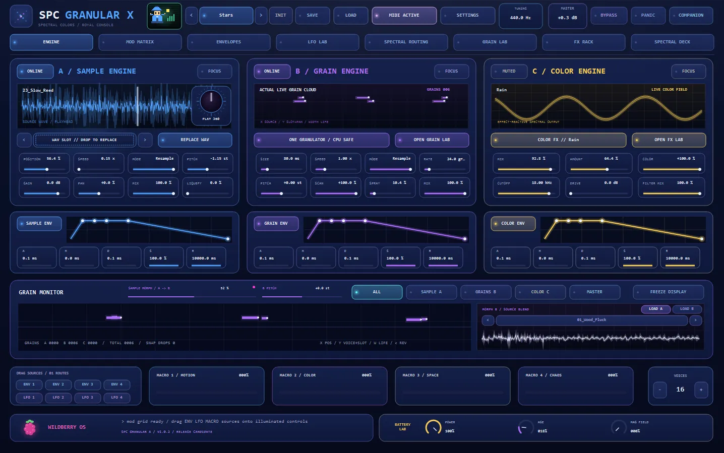 SPC Granular X on the Sapphire console: Sample Engine A, Grain Engine B and Color Engine C side by side, each with its own AHDSR, above the split grain monitor showing the live grain cloud and the morph partner waveform.