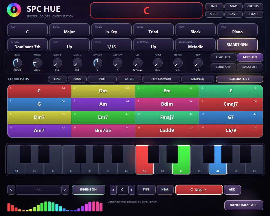 SPC Hue chord station console — seamless coloured chord grid, sci-fi keyboard with glowing keys, performance knob deck and animated rainbow logo