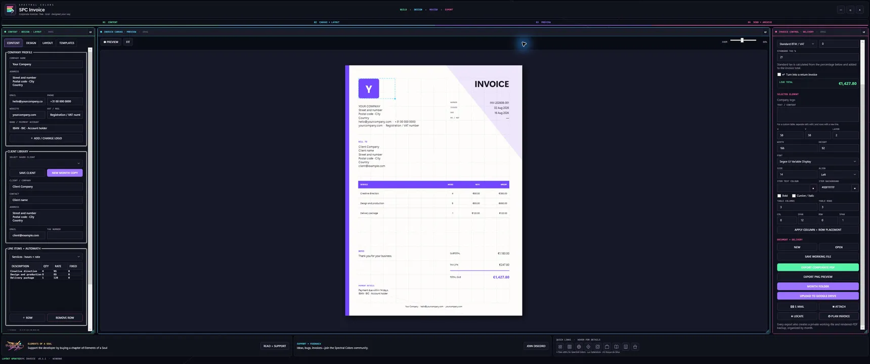 SPC Invoice dark three-panel workspace with a corporate invoice on the central canvas