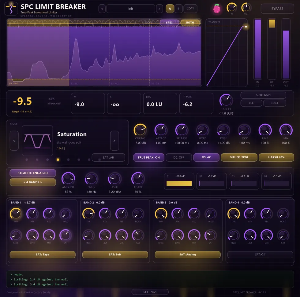 SPC Limit Breaker Ultraviolet Console — spectrum monitor with gain-reduction contour, transfer curve, LUFS loudness deck, mode screen, stealth multiband bay with four band decks and the Wildberry terminal