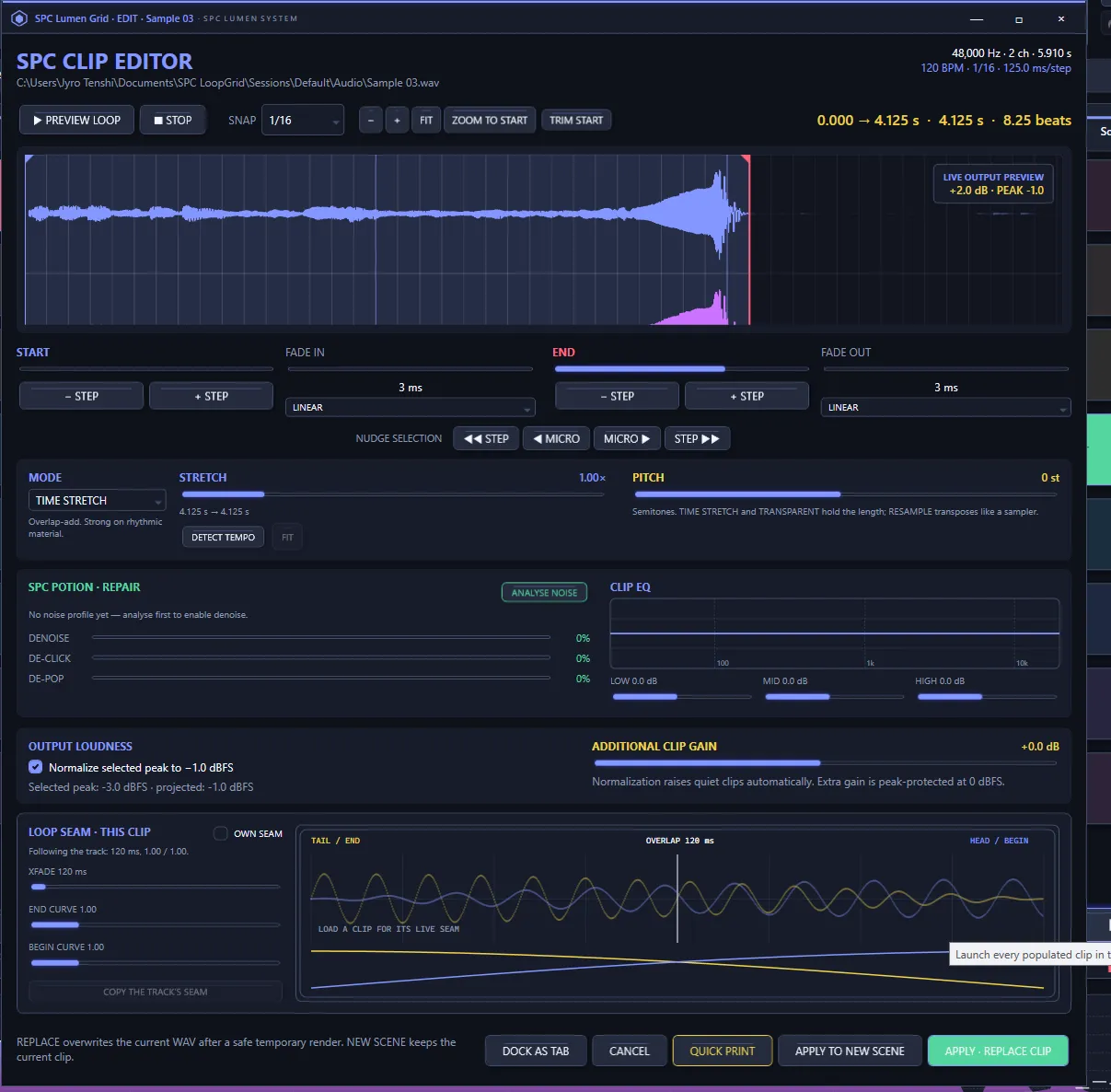 SPC Lumen Grid clip editor showing a waveform with fade curves, time-stretch, pitch, repair and EQ controls