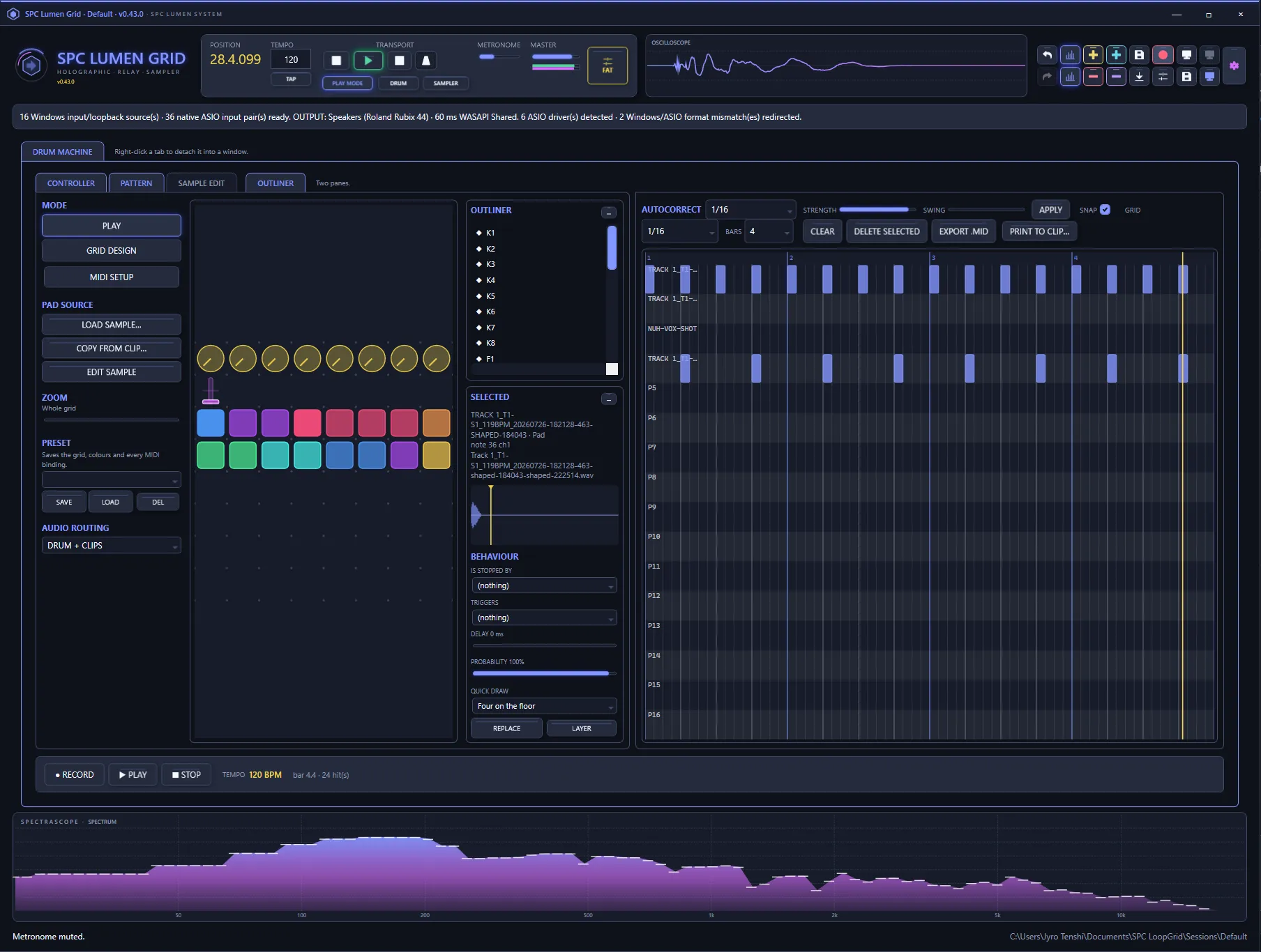 SPC Lumen Grid drum machine with a custom pad grid, colour-coded pads, an outliner and a piano-roll pattern editor