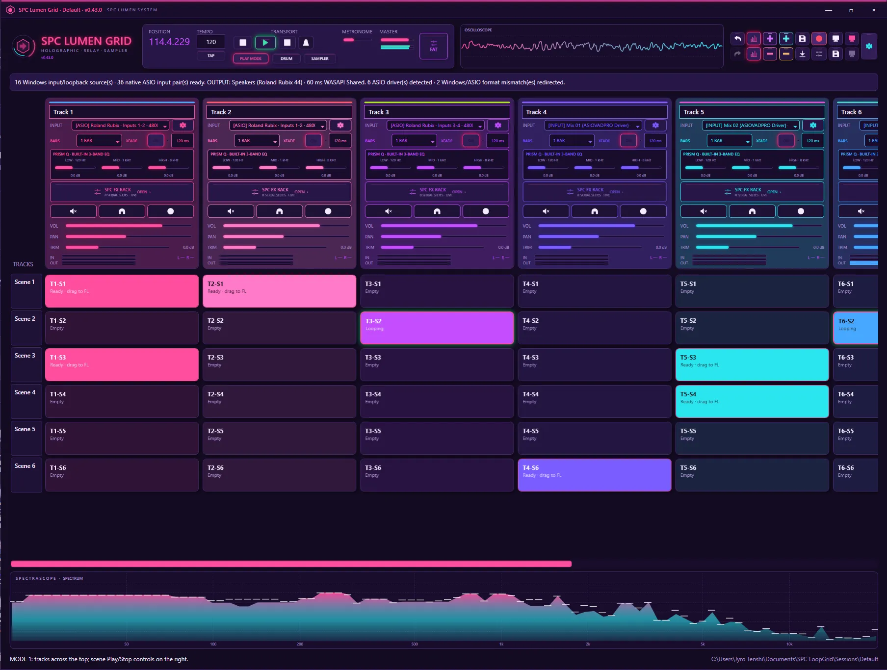 SPC Lumen Grid mixer view with per-track PRISM Q EQ and eight-slot SPC CLAP effect racks in a neon Retrowave theme