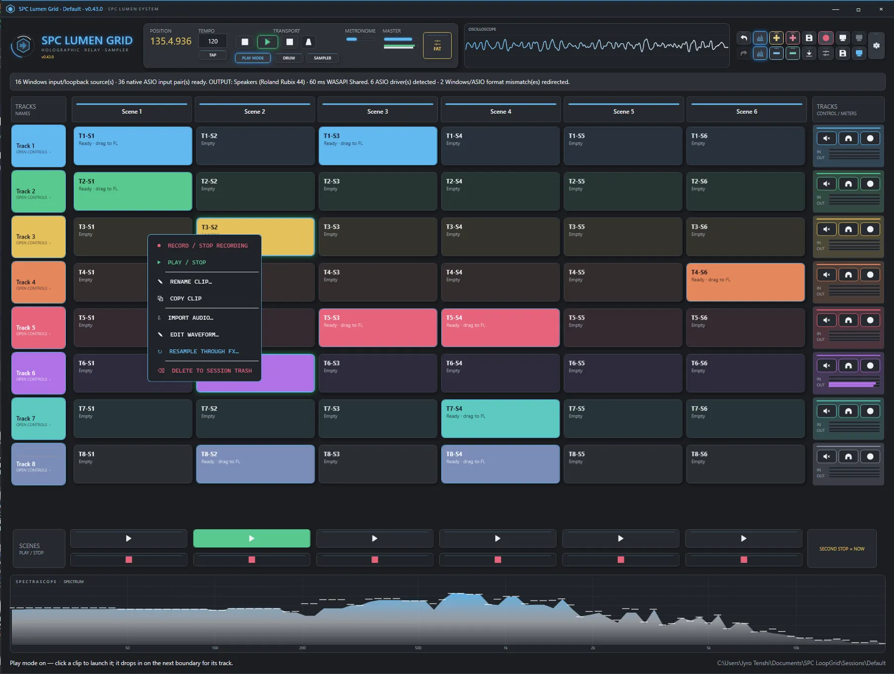 SPC Lumen Grid clip matrix with eight colour-coded tracks across six scenes and a clip right-click menu open