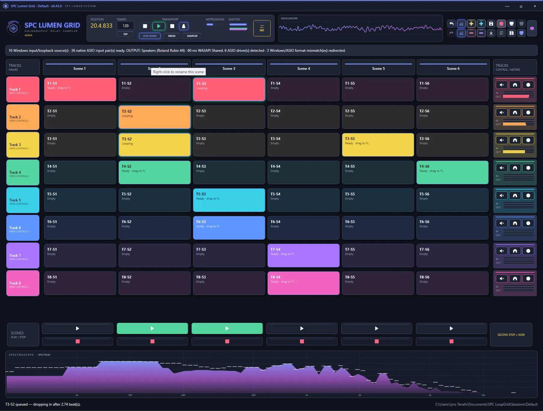 SPC Lumen Grid main window — eight colour-coded tracks across six scenes with an oscilloscope, spectrum analyser and per-track meters