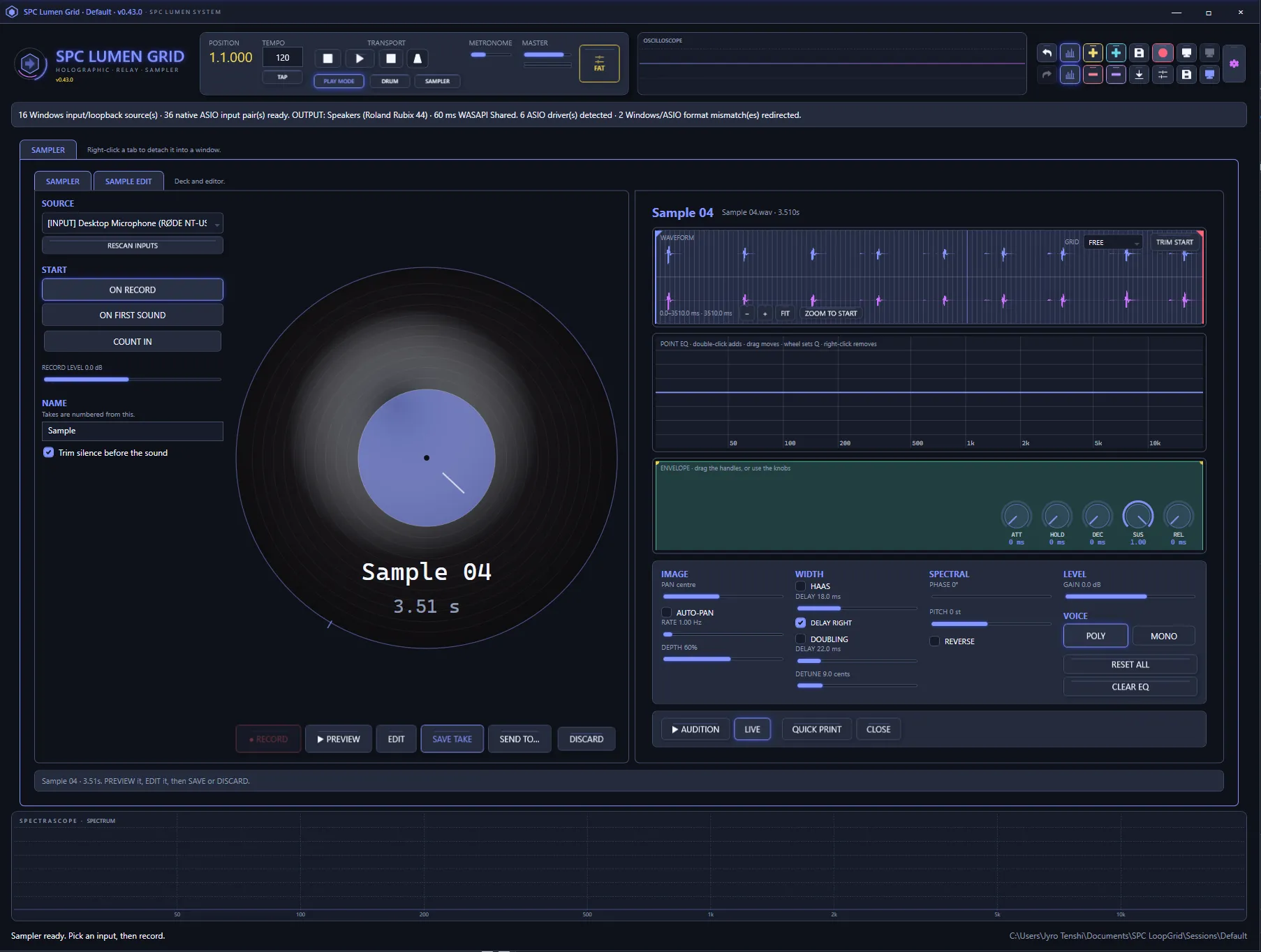 SPC Lumen Grid sampler with a vinyl-style record deck, input source picker, waveform editor and envelope controls