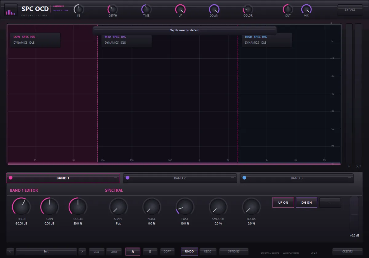 SPC OCD molded console — global knob strip over a wide three-band liquid spectrum monitor, per-band editor with spectral controls, and the A/B, undo/redo and preset workflow bar