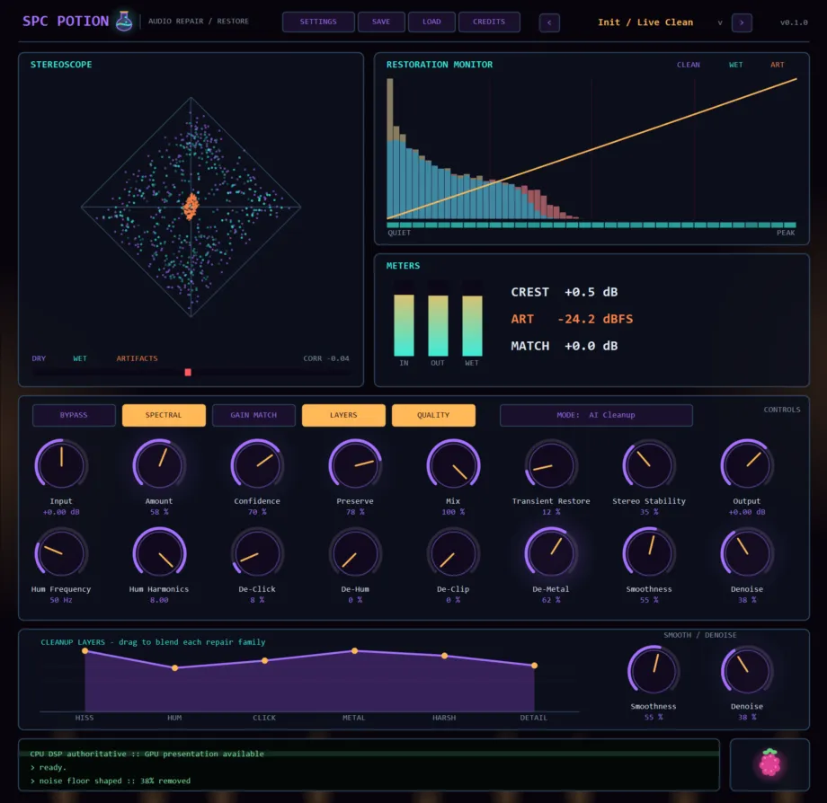 SPC Potion Console — aqua, lavender and amber restoration suite with stereoscope, restoration monitor, meters, knob deck and the draggable six-layer cleanup blend