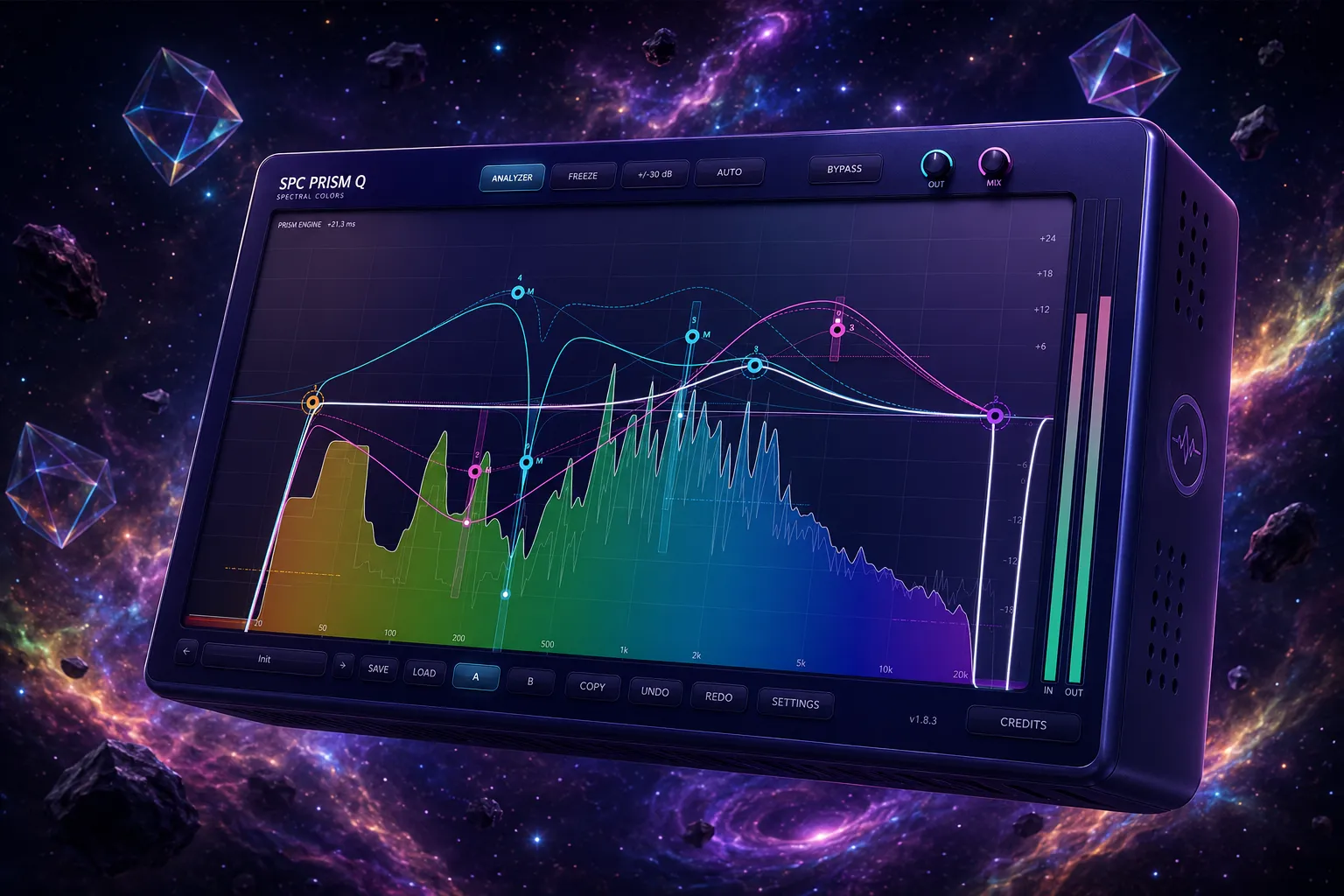 SPC Prism Q imagined as a futuristic hardware unit drifting through an ultraviolet nebula with crystal octahedra, its glass display glowing with the rainbow spectrum, colored EQ curves and clean cut-offs