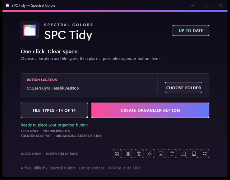 SPC Tidy 0.1.4 window with folder, file-type, and Create Organizer Button controls