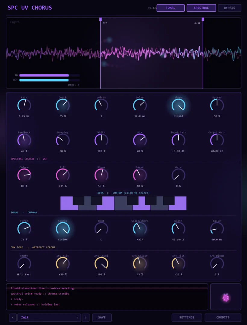 SPC UV Chorus console — liquid chorus visualiser with frequency-range markers, chorus and spectral-colour knob decks, mini piano keyboard for custom keys, Chroma tonal row and the Wildberry terminal