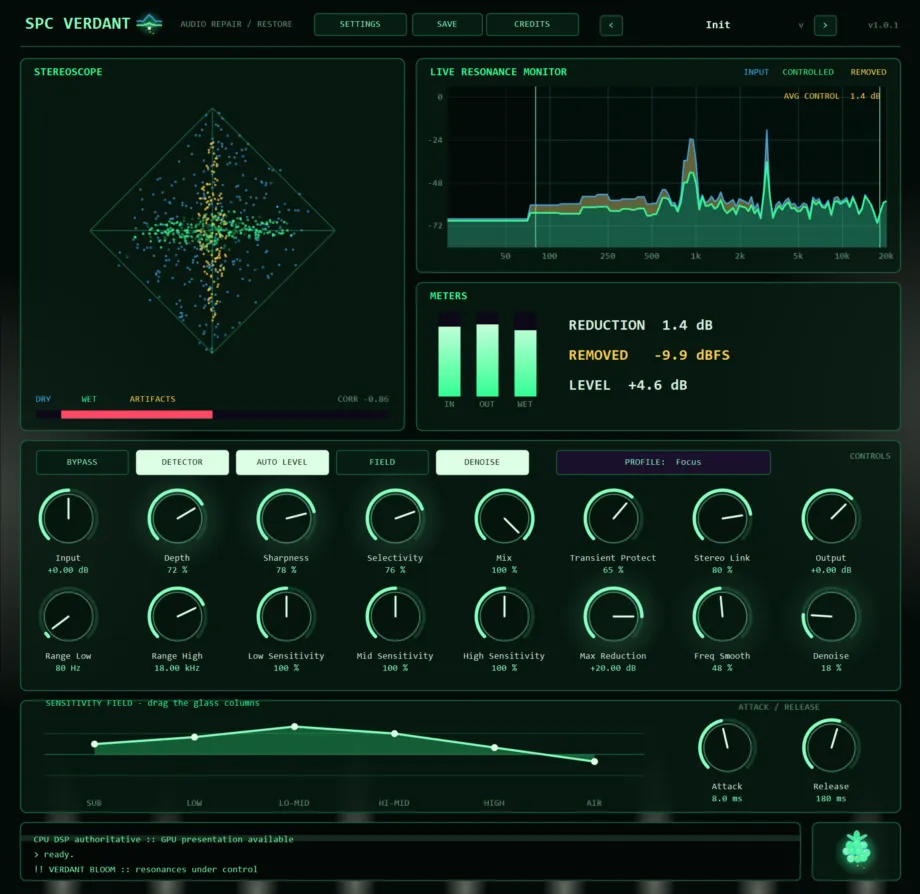 SPC Verdant green neon-glass console — dry/wet/artifact stereoscope, live resonance monitor with input, controlled and removed traces, reduction meters, knob deck and draggable sensitivity field