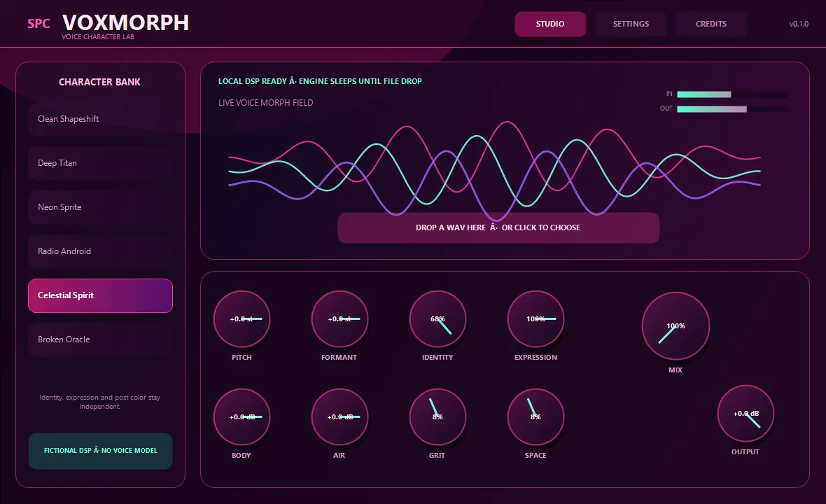SPC VoxMorph Wildberry editor — voice character controls, meters and engine status for the mixer effect