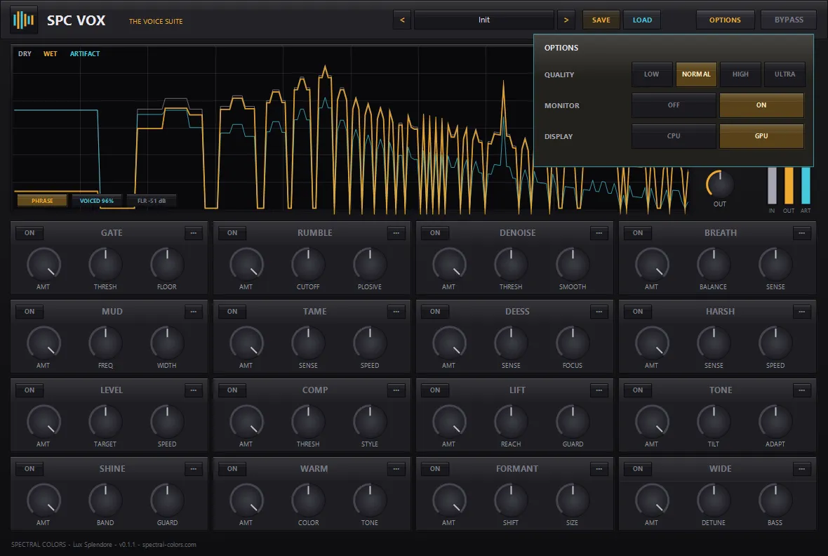 SPC Vox voice console — tri-color dry/wet/artifact monitor with PHRASE, VOICED and FLOOR chips over a 4×4 grid of amber-and-cyan vocal module tiles