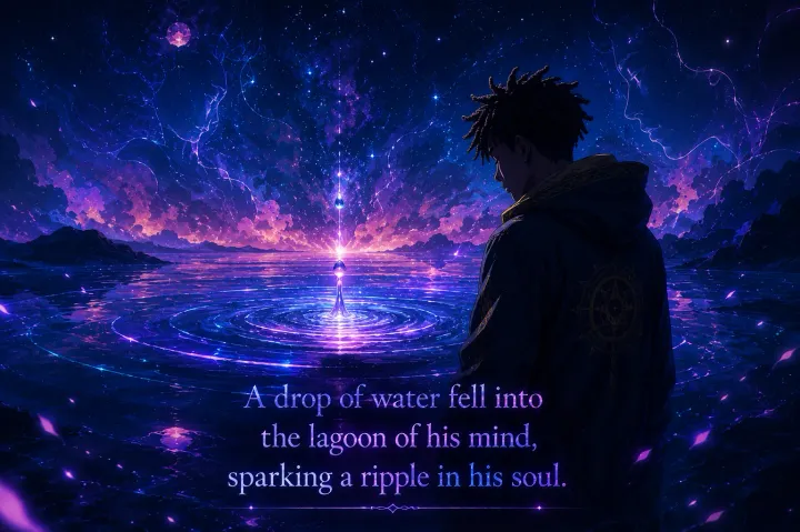A figure at the edge of a luminous lagoon
