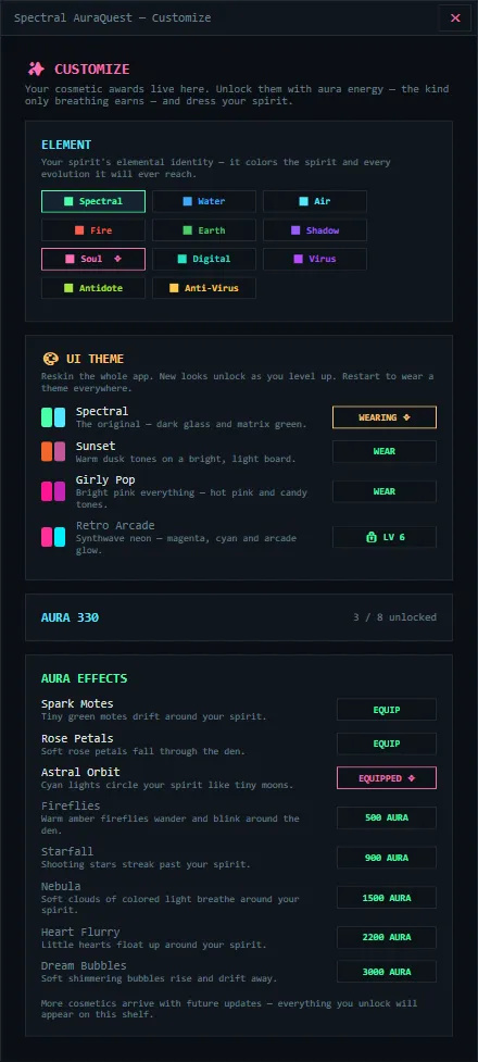 Aura Quest customize panel — interface themes, theme coins, and aura effects
