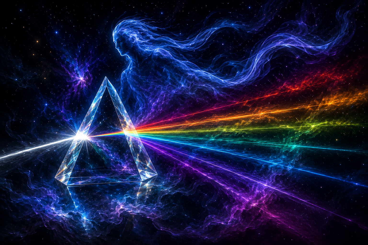 A crystal prism in a nebula splitting a beam of white light into a full rainbow spectrum — the spirit of the CLAP plugin format