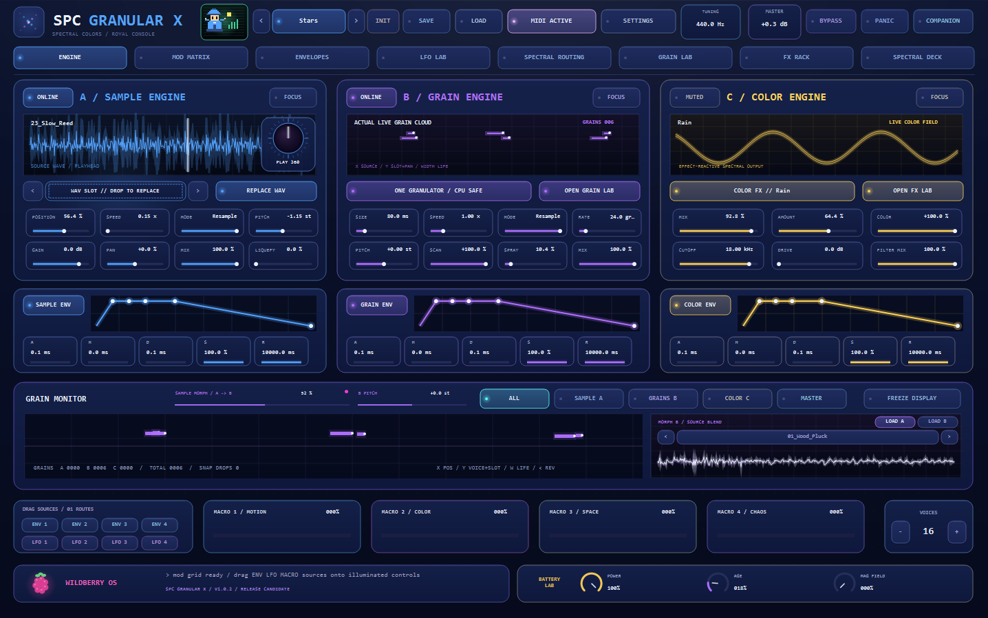 SPC Granular X on the Sapphire console, showing Sample Engine A, Grain Engine B and Color Engine C above the split grain monitor